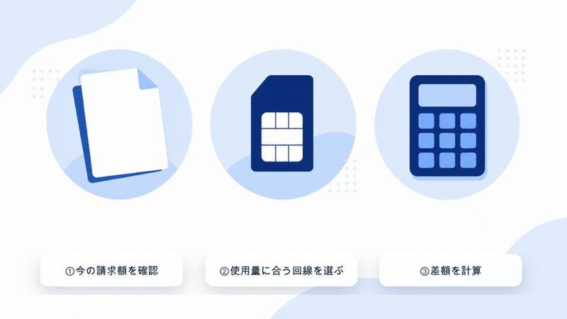 料金見直し3ステップ(①今の請求額を確認、②使用量に合う回線を選ぶ、③差額を計算)を示したアイコンイラスト