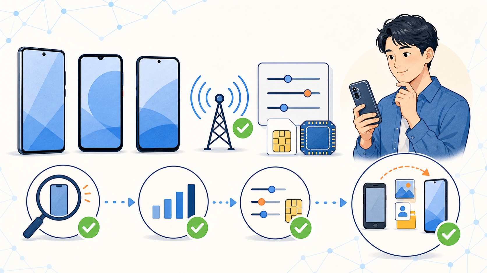 Android端末の機種、対応バンド、通信設定、SIMまたはeSIM、データ移行を確認するイラスト