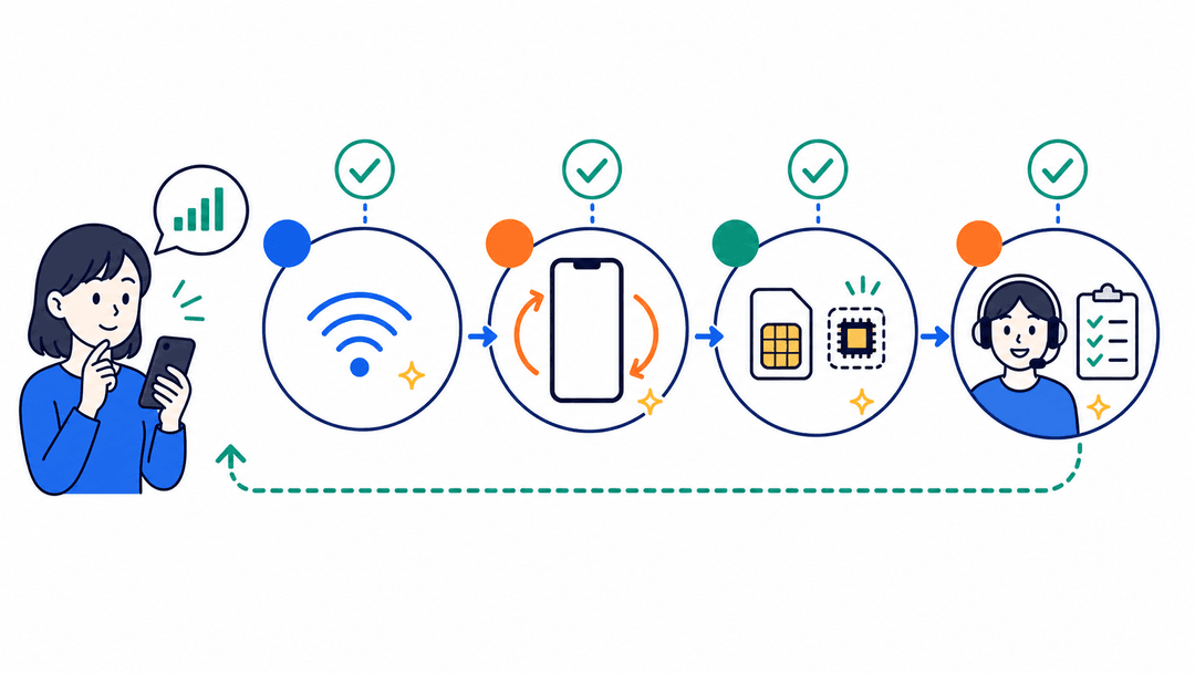 Wi-Fi、再起動、SIMとeSIM、問い合わせの順に開通トラブルを確認するイラスト