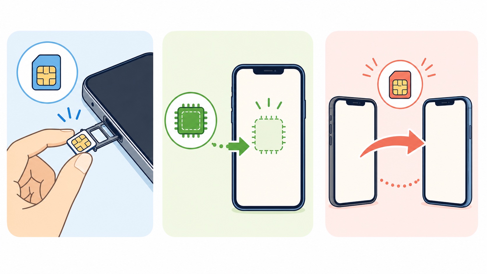 SIMカードの差し替え、eSIMのデジタル設定、MNPによる電話番号引き継ぎの違いを表したイラスト