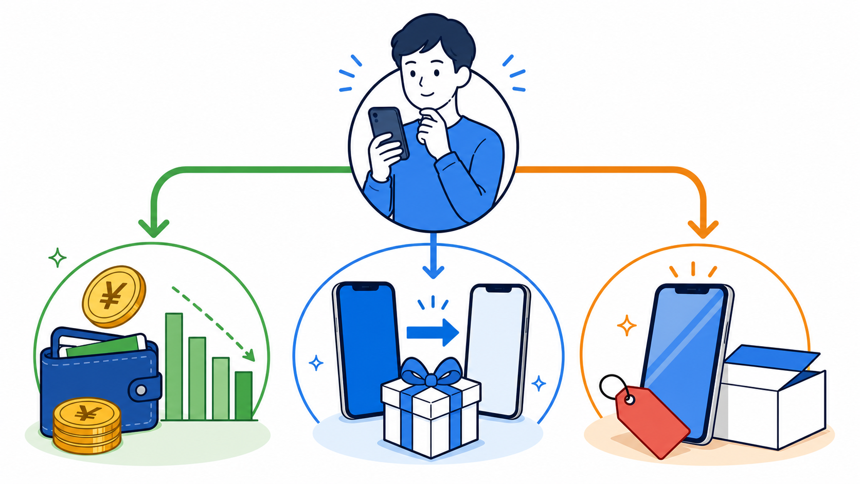 料金比較、キャンペーン、端末購入の3つの入口を表すイラスト