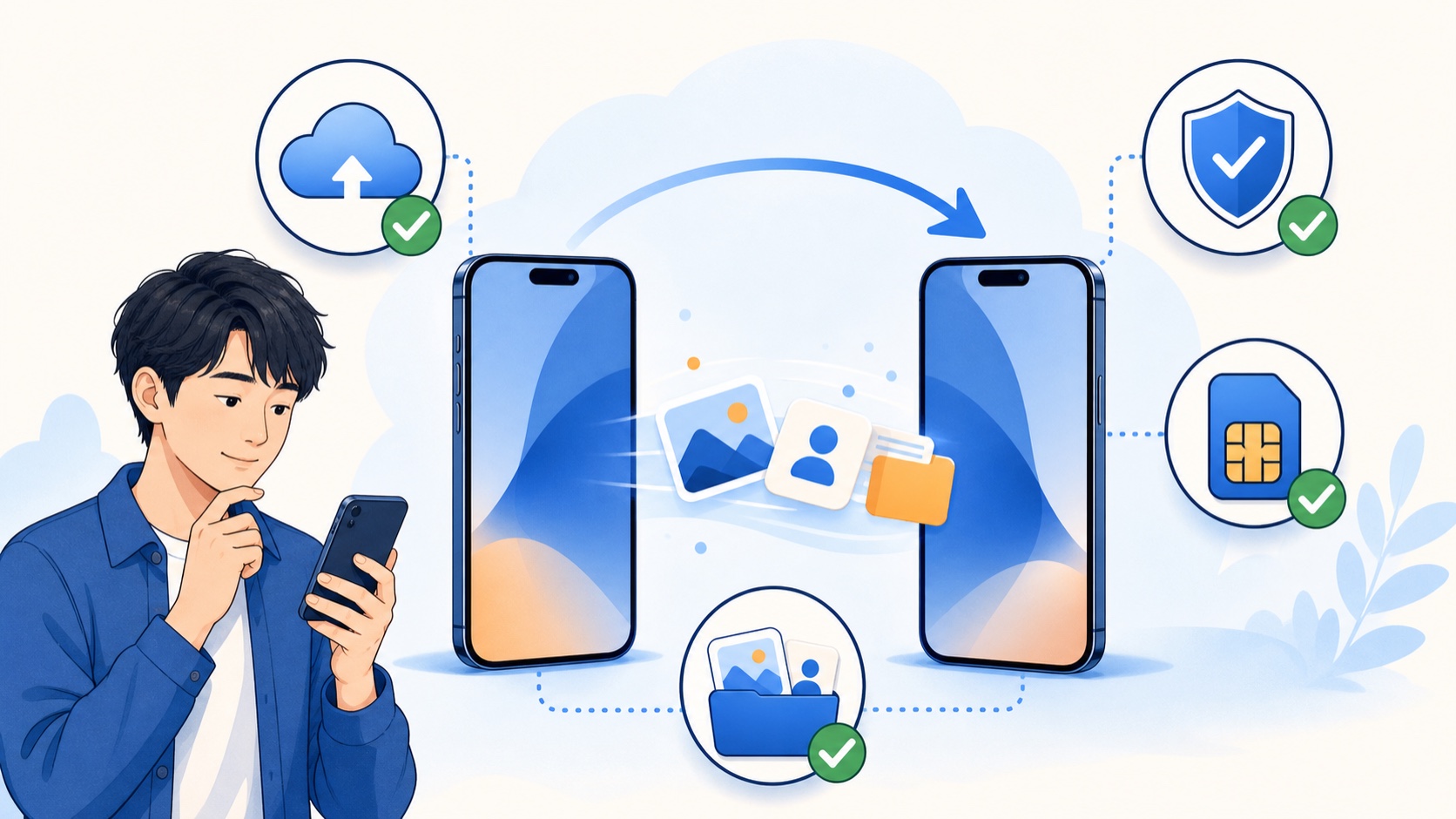 クラウドへのバックアップ、本人認証、eSIM、写真や連絡先の移行を確認するイラスト
